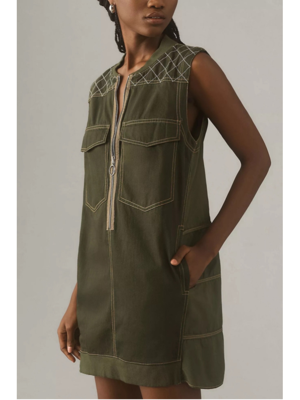 Pilcro Anthropologie Utility Mini Dress XS Olive Green Quilted Yoke Cargo Pocket